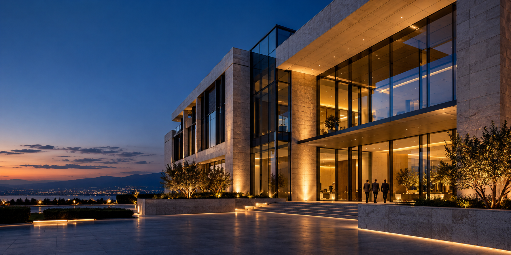Contemporary commercial property at dusk