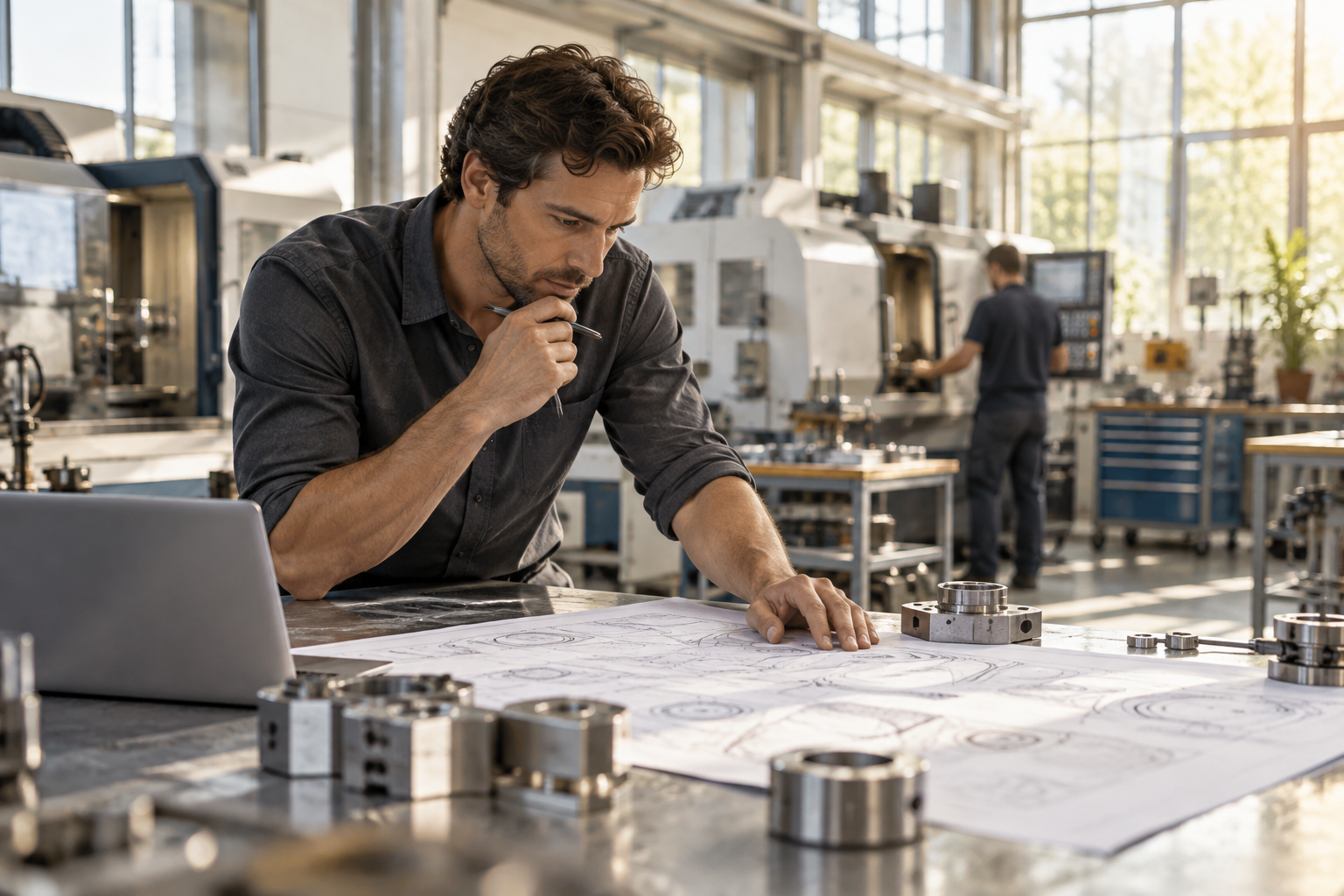 Professional reviewing plans in a modern manufacturing workshop
